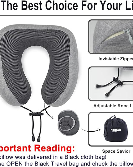 napfun Neck Pillow for Traveling, Upgraded Travel Neck Pillow for Airplane 100% Pure Memory Foam Travel Pillow for Flight Headrest Sleep, Portable Plane Accessories, Light Grey - LeafyLoom