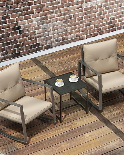 3 Piece Rocking Bistro Set - Synthetic Wicker Outdoor Furniture - Glass Coffee Table with 2 Chairs for Balcony, Patio & Porch - Black Metal, Soft Cushions (Coffee) - LeafyLoom