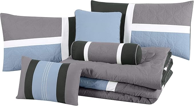 Chezmoi Collection Upland 7-Piece Quilted Patchwork Comforter Set, Gray/Light Blue/Charcoal, California King - LeafyLoom