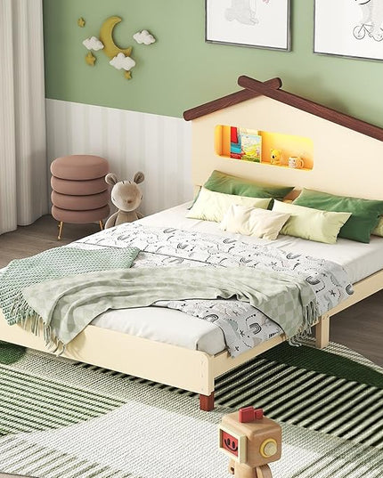 Full Size Bed Frame for Kids,Full Platform Bed with House-Shaped Headboard and Motion Activated Night Lights,Wood Full Kids Bed Frame for Girls,Boys(Full,Cream) - LeafyLoom