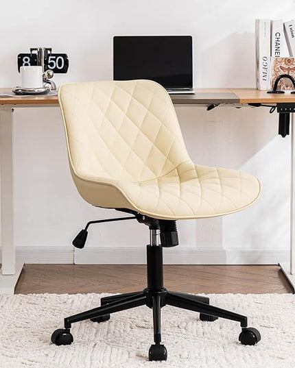 YOUNUOKE Comfortable Desk Chair, Home Office Chairs with Wheels, Armless Samll Comfy Vanity Chairs, PU Leather Computer Task Work Desk Chairs, Beige - LeafyLoom