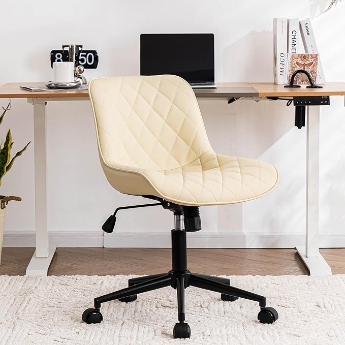 YOUNUOKE Comfortable Desk Chair, Home Office Chairs with Wheels, Armless Samll Comfy Vanity Chairs, PU Leather Computer Task Work Desk Chairs, Beige - LeafyLoom