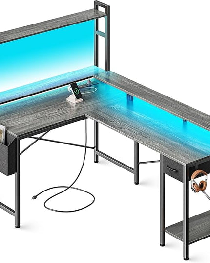 L Shaped Desk Computer Desk with LED Lights & Power Outlets, Gaming Desk with Storage Shelves, Corner Desk Home Office Desks for Bedroom, Grey - LeafyLoom