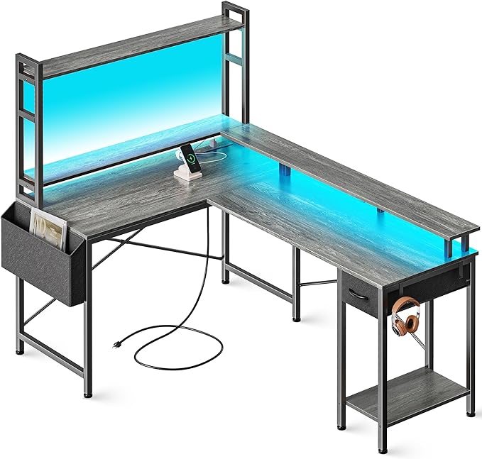 L Shaped Desk Computer Desk with LED Lights & Power Outlets, Gaming Desk with Storage Shelves, Corner Desk Home Office Desks for Bedroom, Grey - LeafyLoom