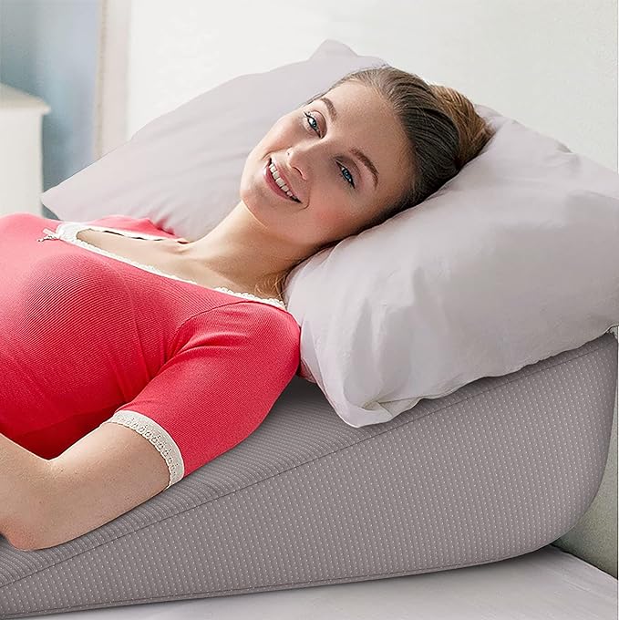 Bed Wedge Pillow | Unique Curved Design for Multi Position Use | Memory Foam Wedge Pillow for Sleeping | Works for Back Support, Leg, Knee | includes Cover Plus Extra Sheet (Dark Grey) - LeafyLoom
