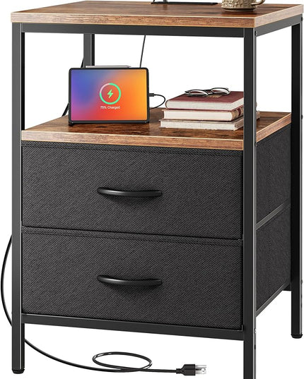 Night Stand with Charger Station, 27.7 Inch Tall Nightstand, Bed Side Table with 2 Fabric Drawers, Fabric Drawer Dresser for Bedroom, Living Room, Rustic Brown and Black - LeafyLoom