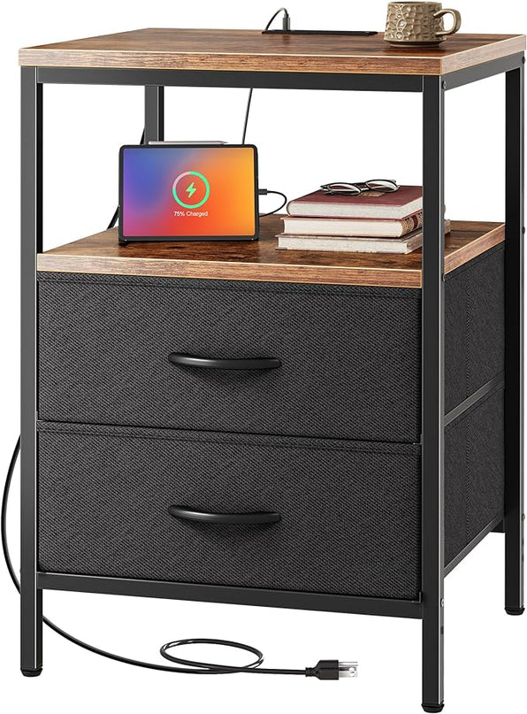 Night Stand with Charger Station, 27.7 Inch Tall Nightstand, Bed Side Table with 2 Fabric Drawers, Fabric Drawer Dresser for Bedroom, Living Room, Rustic Brown and Black - LeafyLoom