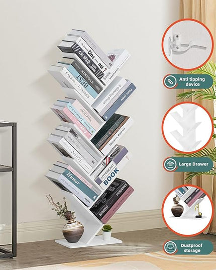 10 Tier Tree Book Shelf, Floor Standing Wood Bookshelf for Narrow Space, Storage Organizer Bookshelves for Books/CDs/Magazine, Bookcase with Shelves for Home Office, Living Room - White - LeafyLoom