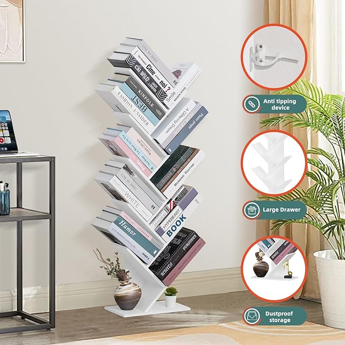 10 Tier Tree Book Shelf, Floor Standing Wood Bookshelf for Narrow Space, Storage Organizer Bookshelves for Books/CDs/Magazine, Bookcase with Shelves for Home Office, Living Room - White - LeafyLoom