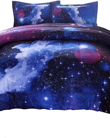 A Nice Night Galaxy Bedding Sets Outer Space Comforter 3D Printed Space Quilt Set Queen Size,for Children Boy Girl Teen Kids - includes 1 Comforter, 2 Pillow Cases - LeafyLoom