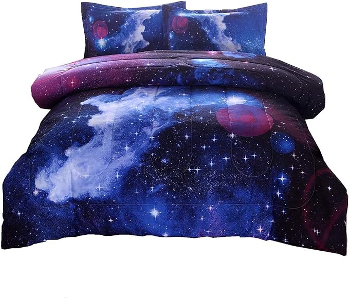 A Nice Night Galaxy Bedding Sets Outer Space Comforter 3D Printed Space Quilt Set Queen Size,for Children Boy Girl Teen Kids - includes 1 Comforter, 2 Pillow Cases - LeafyLoom
