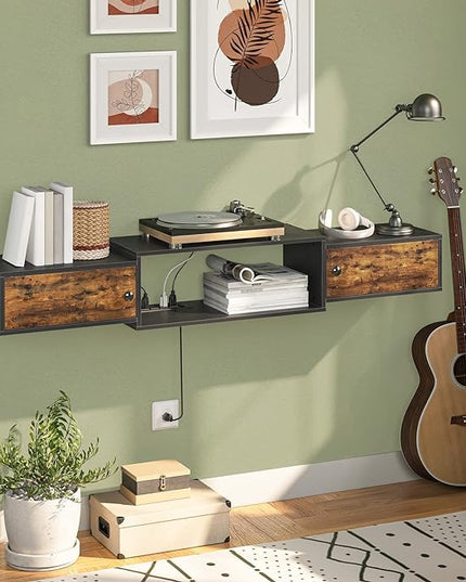 HOOBRO Floating TV Stand with Power Outlet 55", Modern Wall Mounted Media Console Shelf Cabinet for Under TV Storage, Entertainment Center, Living Room, Bedroom, Rustic Brown and Black BF11DS01 - LeafyLoom