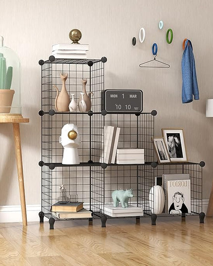 Wolizom Wire Cube Storage, Metal Grids Shelves Bookshelf, Stackable Modular Shelving Organizer, DIY Closet Bookcase Bookshelf, Grid Storage Shelf for Bedroom, Living Room, Office (Black, 6 Cube) - LeafyLoom