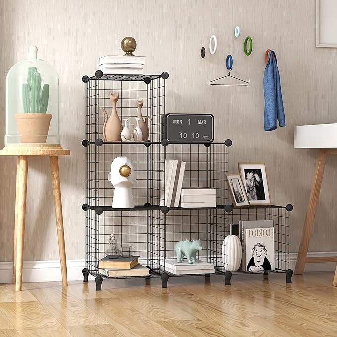 Wolizom Wire Cube Storage, Metal Grids Shelves Bookshelf, Stackable Modular Shelving Organizer, DIY Closet Bookcase Bookshelf, Grid Storage Shelf for Bedroom, Living Room, Office (Black, 6 Cube) - LeafyLoom