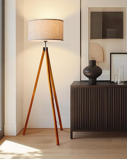 Brightech Eden Tripod Floor Lamp, Dimmable Standing Lamp with Solid Wood Legs for Bedroom Reading, Tall Tree Lamp for Offices, Modern LED Lamp for Living Rooms, Great Living Room Decor - Havana Brown - LeafyLoom