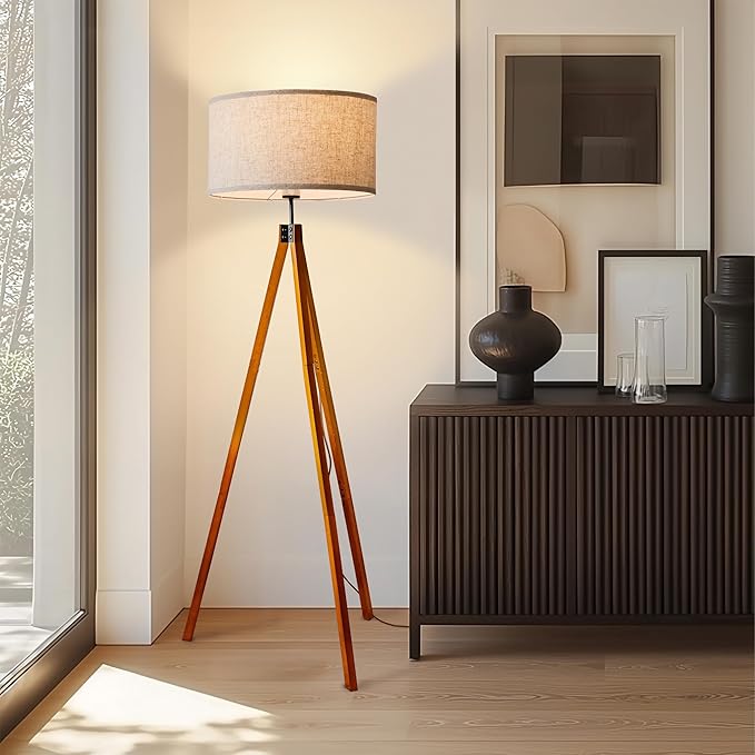 Brightech Eden Tripod Floor Lamp, Dimmable Standing Lamp with Solid Wood Legs for Bedroom Reading, Tall Tree Lamp for Offices, Modern LED Lamp for Living Rooms, Great Living Room Decor - Havana Brown - LeafyLoom