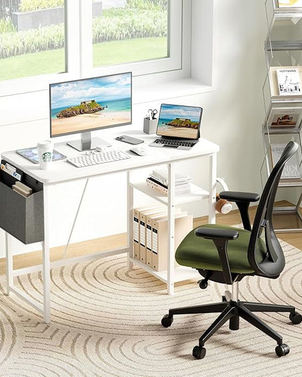 Computer Desk, 39.3” Home Office Desks, Modern Small Desk for Bedroom, Gaming Desk with Iron Hook and Height Adjustable Feet, Sturdy Student Writing Desk with Storage Bag, Storage Shelves - LeafyLoom