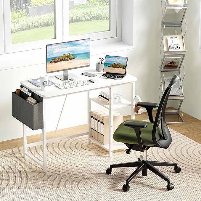 Computer Desk, 39.3” Home Office Desks, Modern Small Desk for Bedroom, Gaming Desk with Iron Hook and Height Adjustable Feet, Sturdy Student Writing Desk with Storage Bag, Storage Shelves - LeafyLoom