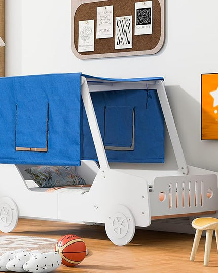 Twin Size Kids Car Bed with Tent Canopy & Wheels,Wood Bedframe W/Safty Grille,Raised Base Design,Easy to Assemble,Toddler Boys Car-Shaped Bedroom Beds for Reading Playing Relaxing,White - LeafyLoom