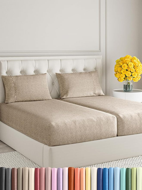 Split King Size 5 Piece Sheet Set - Comfy Breathable & Cooling Sheets - Hotel Luxury Bed Sheets for Women, Men, Kids & Teens - Deep Pockets, Soft & Wrinkle Free Sheets - Heathered Beige Bed Sheets - LeafyLoom