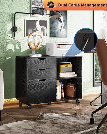 DEVAISE 3-Drawer Wood File Cabinet, Mobile Lateral Filing Cabinet, Printer Stand with Open Storage Shelves for Home Office, Black - LeafyLoom