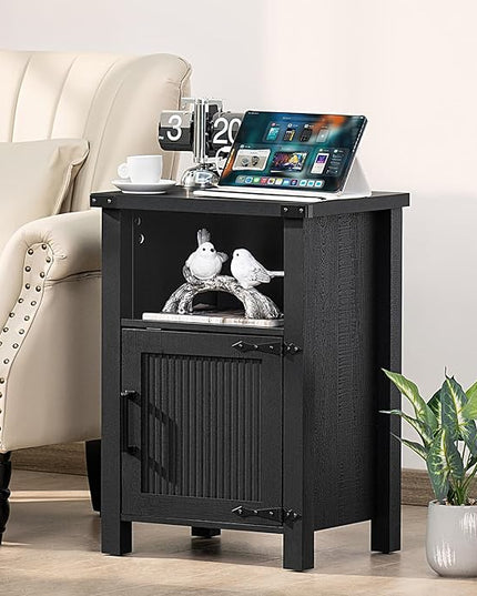 Night Stand, 18 Inch Farmhouse Nightstand with with Charging Station and USB Port, Rustic Couch End Table with Magnetic Door, Wood Bed Side Tables for Bedroom, Home, Black - LeafyLoom
