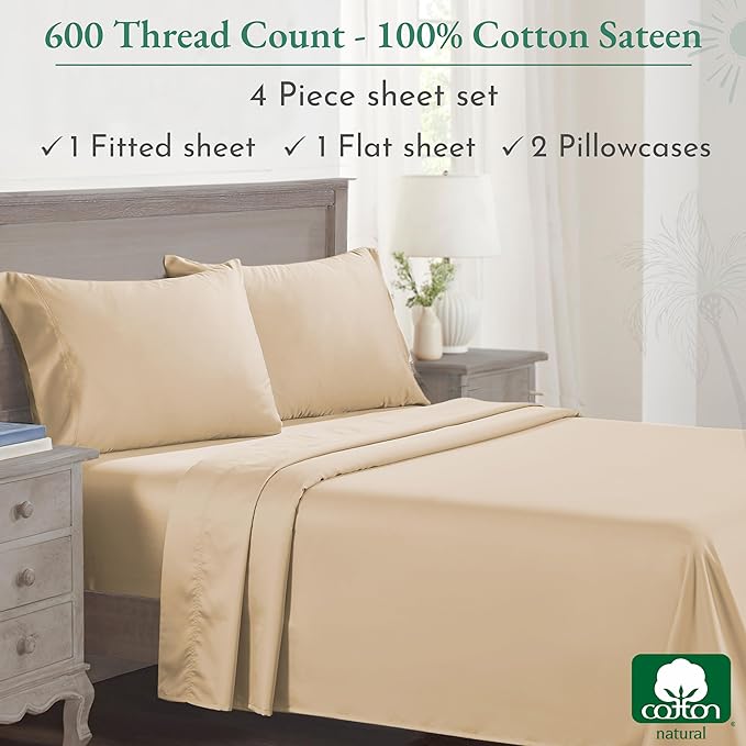 California Design Den 100% Cotton Full Sheet Set, 600 Thread Count Sateen, Soft, Cooling Bed Sheet with Deep Pockets, Hotel-Quality Bedding Sheets & Pillowcases - Beige - LeafyLoom