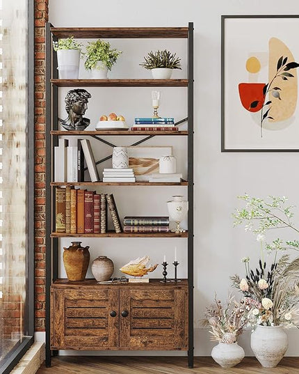 IRONCK Bookshelf and Bookcase with 2 Doors and 5 Shelves, 27.6" W Standing Storage Cabinet for Living Room, Home Office, Bedroom, Washroom, Vintage Brown - LeafyLoom