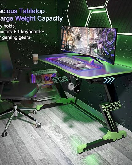 Gaming Desk 47 inch, PC Computer Desk RGB Light Gaming Table with Cup Holder, Earphone Hook, Power Strip Box, Green - LeafyLoom