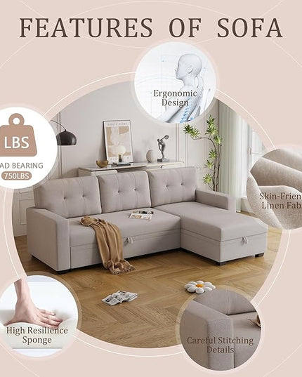 82" Sectional Sofa with Storage Chaise & Pull-Out Bed,L-Shape Convertible 3 Seater Couch W/Tufted Backrest,Reversible Sleeper for Living Room Apartment Office, Beige3 - LeafyLoom