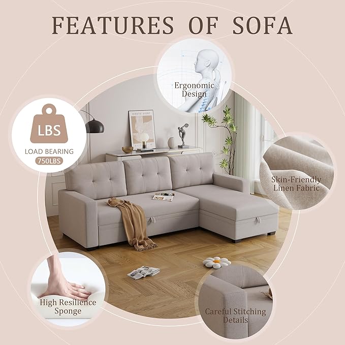 82" Sectional Sofa with Storage Chaise & Pull-Out Bed,L-Shape Convertible 3 Seater Couch W/Tufted Backrest,Reversible Sleeper for Living Room Apartment Office, Beige3 - LeafyLoom