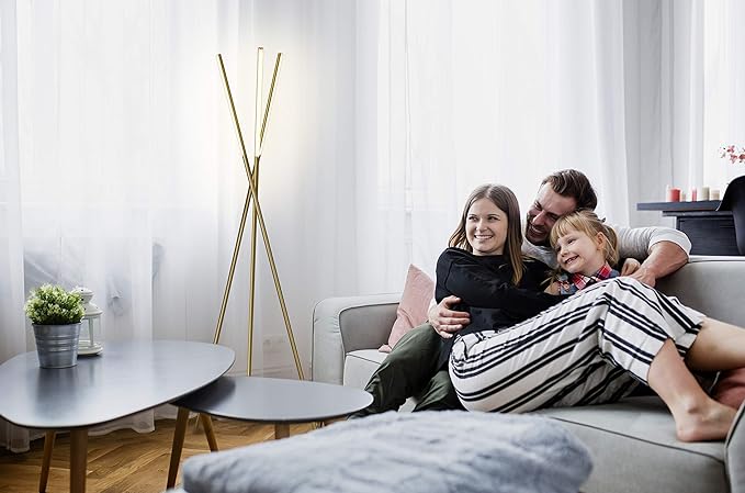 Brightech Stix Floor Lamp, Tall Tree Lamp for Offices, LED Tripod Lamp for Living Rooms, Great Living Room Décor, Dimmable Standing Lamp With 3 Lights for Bedroom Reading - Gold/Brass - LeafyLoom