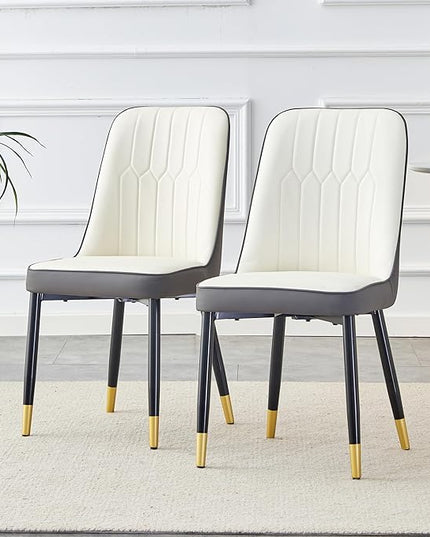 Modern Set of 2, Faux Leather Dining PU Upholstered Kitchen Chair with Black Golden Metal Legs for Home Living Room, Restaurant, 2 Piece, White+gray - LeafyLoom