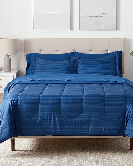 Amazon Basics Lightweight Microfiber Bed-in-a-Bag Comforter 7-Piece Bedding Set, Full/Queen, Blue Calvin Striped - LeafyLoom