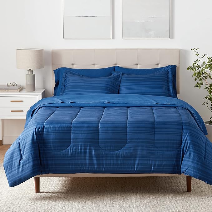 Amazon Basics Lightweight Microfiber Bed-in-a-Bag Comforter 7-Piece Bedding Set, Full/Queen, Blue Calvin Striped - LeafyLoom