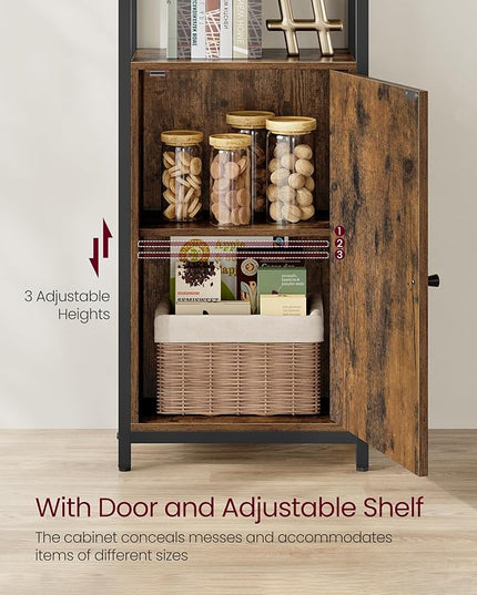 VASAGLE 6-Tier Bookshelf, Tall Bookcase with Door, Steel Frame, Adjustable Shelves, 9.4 x 15.7 x 62.8 Inches, Living Room Bedroom, Rustic Brown and Ink Black ULLS132K01 - LeafyLoom