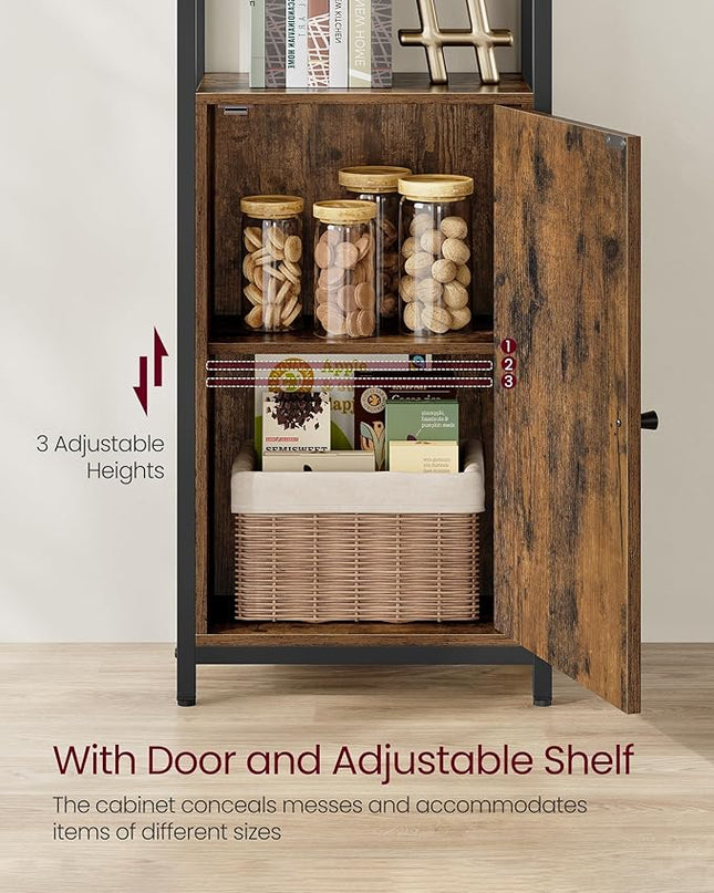 VASAGLE 6-Tier Bookshelf, Tall Bookcase with Door, Steel Frame, Adjustable Shelves, 9.4 x 15.7 x 62.8 Inches, Living Room Bedroom, Rustic Brown and Ink Black ULLS132K01 - LeafyLoom