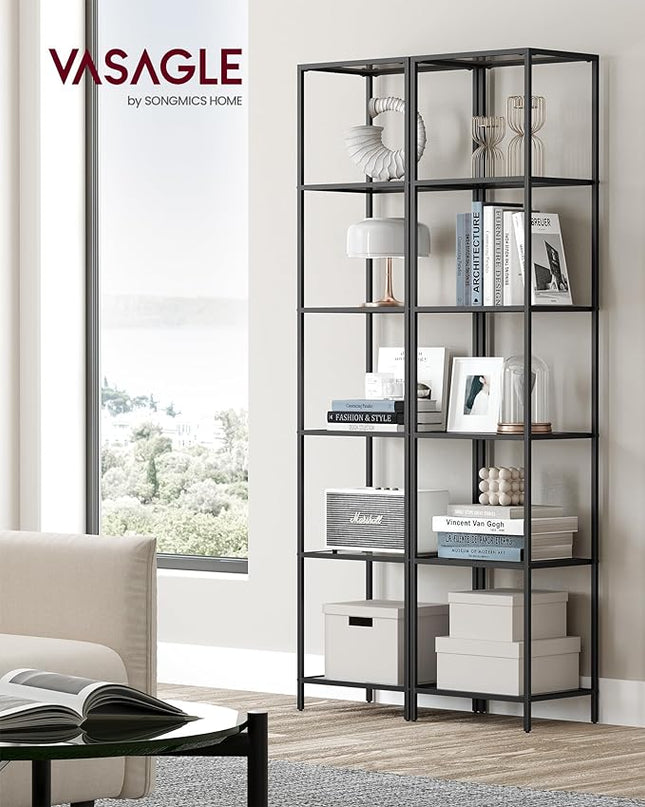 VASAGLE Bookcase, 6-Tier Bookshelf, Slim Shelving Unit for Bedroom, Bathroom, Home Office, Tempered Glass, Steel Frame, Ink Black and Slate Gray ULGT500G01 - LeafyLoom