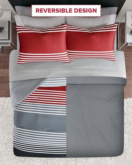 Comfort Spaces Queen Comforter Sets with Sheets - Bed in a Bag 9 Pieces Teen Bedding Sets Queen, Red and Grey Stripes Bedding Queen, College Queen Bed Set with 2 Side Pockets Bedroom Organizer - LeafyLoom
