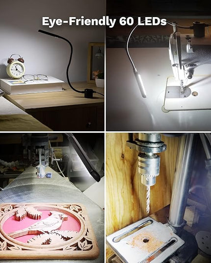 Sewing Machine Light, Magnetic, Flexible 60 LED Work Lights, Bandsaw Accessories, Scroll Saw with Extra Long Gooseneck (2 Pack) - 4 Mount anywhere discs included - LeafyLoom