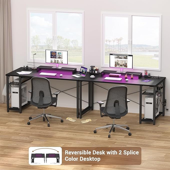 armocity 47 Gaming Computer Desk with LED Lights, Power Outlet and USB, Reversible Laptop Table with Moveable Monitor Stand for Small Spaces, Office, Gaming Room, Black - LeafyLoom