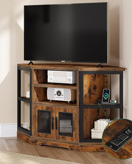YITAHOME Corner TV Stand for TVs up to 55 Inch with Power Outlet, Modern Farmhouse Entertainment Center, Wood TV Media Console with Storage Cabinets Shelves for Living Room, Retro Brown - LeafyLoom