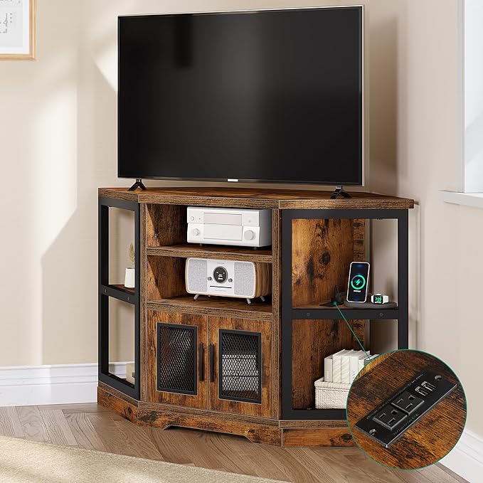YITAHOME Corner TV Stand for TVs up to 55 Inch with Power Outlet, Modern Farmhouse Entertainment Center, Wood TV Media Console with Storage Cabinets Shelves for Living Room, Retro Brown - LeafyLoom