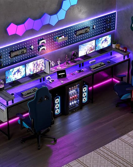 U Shaped Computer Gaming Desk, Reversible L Shaped Desk with Power Outlets, LED Strip & Monitor Stand, Large Corner Desk with Storage Shelves for Home Office, Grey Oak - LeafyLoom