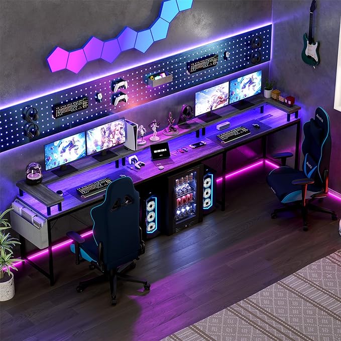 U Shaped Computer Gaming Desk, Reversible L Shaped Desk with Power Outlets, LED Strip & Monitor Stand, Large Corner Desk with Storage Shelves for Home Office, Grey Oak - LeafyLoom