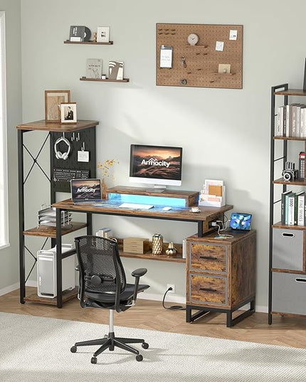 Computer Desk with 2 Fabric Drawers - Reversible Home Office Desk with Power Outlet & LED Lights, 53" Writing Desk with Monitor Stand & Storage Shelves, Gaming Desk with Pegboard, Rustic Brown - LeafyLoom