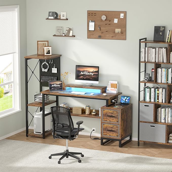 Computer Desk with 2 Fabric Drawers - Reversible Home Office Desk with Power Outlet & LED Lights, 53" Writing Desk with Monitor Stand & Storage Shelves, Gaming Desk with Pegboard, Rustic Brown - LeafyLoom