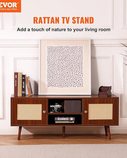 VEVOR Rattan TV Stand, Boho TV Cabinet for 55 inch TV, Mid Century Modern TV Stand, Rattan TV Console with Adjustable Shelfs for Living Room, Media Room, Walnut - LeafyLoom