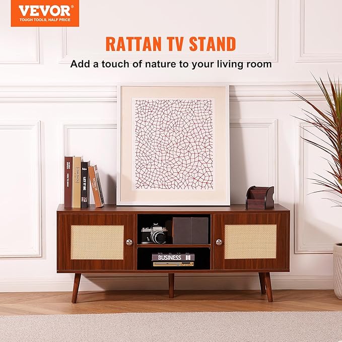 VEVOR Rattan TV Stand, Boho TV Cabinet for 55 inch TV, Mid Century Modern TV Stand, Rattan TV Console with Adjustable Shelfs for Living Room, Media Room, Walnut - LeafyLoom