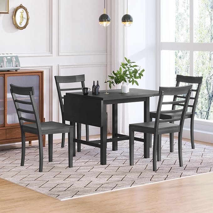 NicBex Dining Table Set for 4 Kitchen Table Set 5-Piece Wood Square Drop Leaf Breakfast Nook Extendable Dining Table Set with 4 Ladder Back Chairs for Small Places, Gray - LeafyLoom